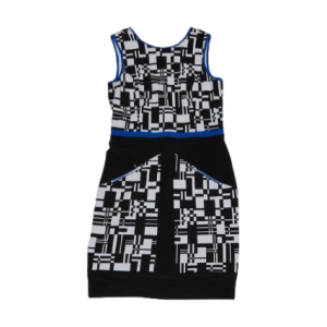 Charmante klassieke mouwloze midi-jurk van Joseph Ribkoff, in de kleur zwart/wit met blauwe bies, maat 42.