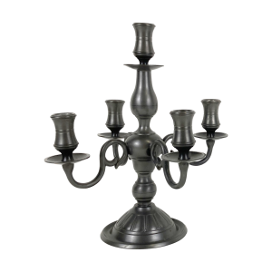 5-Armige oude tinnen kandelaar. Gemerkt aan onderzijde met een Engeltje en 90%. Hoog: 31 cm. In uitstekende staat.