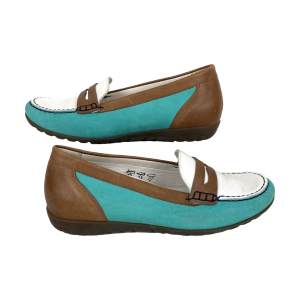 Nieuwe dames mocassins van Waldläufer. Maat 37,5 H (=4,5). In mint, bruin en wit. Met uitneembare binnenzool. Materiaal: van binnen en buiten leer. Zool: kunststof.