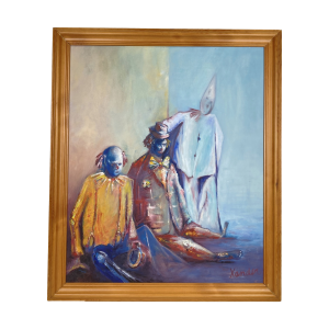 Kleurig olieverf schilderij van drie clowns door Xander Breumelhof (Zoetermeer). Rechts onder gesigneerd: Xander. In blank houten lijst. Afmeting totaal: 67 cm h. x 57 cm b. Lijst: 5 cm breed. Uniek exemplaar. In opdracht gemaakt. In uitstekende staat.