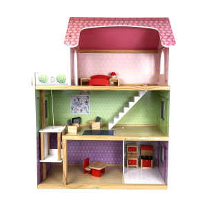 Houten poppenhuis met enkele bijbehorende meubels, werkende lift, bel en verlichting. Afmeting: 85 h x 61 b x 26 d. Uitsluitend afhalen.