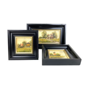 Image of 3 Olieverf schilderijtjes – Boerderij en Molen – Ongesigneerd (Preloved)