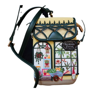 Uniek telefoontasje van vegan leer met kleurrijk tuincentrum-design en 3D-details.